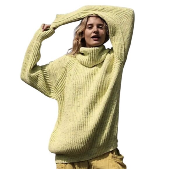 Free People Sweaters - Free People Leo Tunic Sweater Medium Size Green Yellow Cowl Neck Confetti Knit